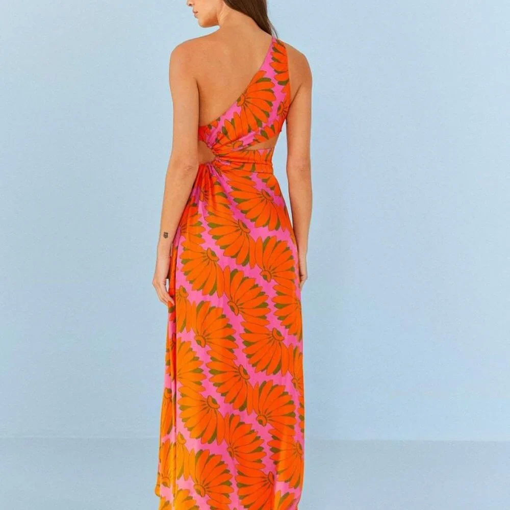 FARM Rio One-Shoulder Maxi Dress in Orange and Pink Floral - Picture 2 of 5